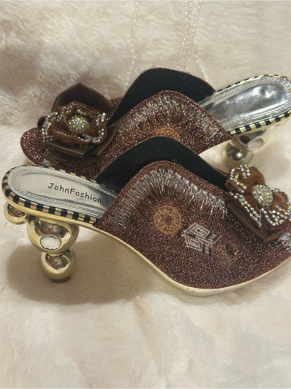 Women's Glitter Brown Slip-On Heels with Embellished Flower